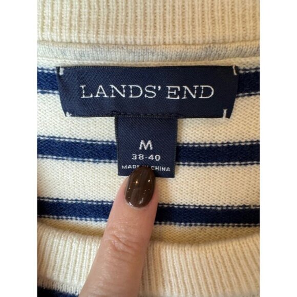 Lands End Sweater Men Medium Blue Ivory Stripe Cashmere Crew Neck Knit Preppy - Picture 6 of 7